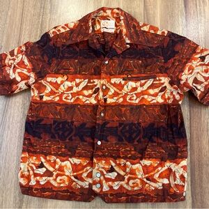 Vintage Iolani Hawaiin Tiki Aloha Hawaiin Shirt Size S(?) Barkcloth Style Tapa